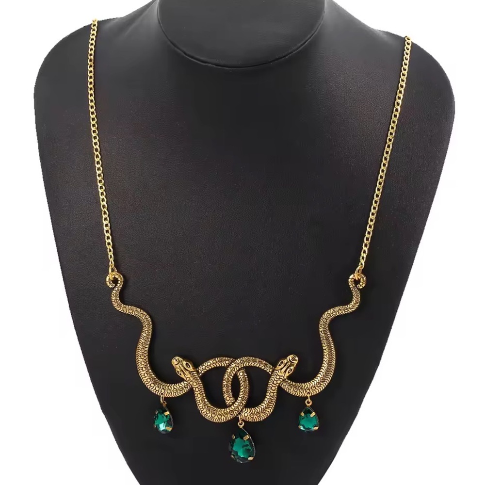 Vintage Gold Serpent Snake Necklace with Green Accents